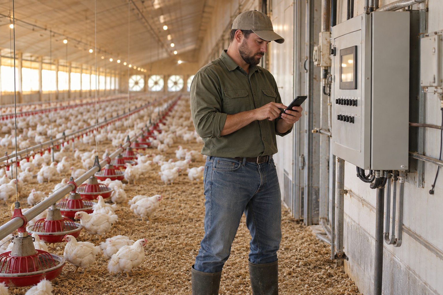 Illustration of a farm worker recording data on a smartphone in a poultry barn