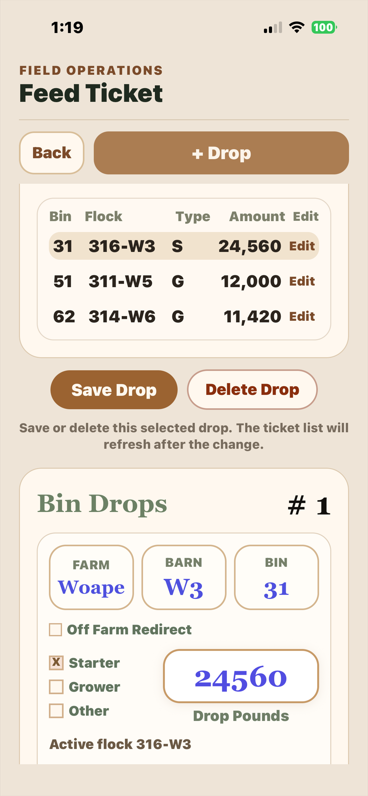 Mobile feed drop editor with farm, barn, bin, feed type and pounds