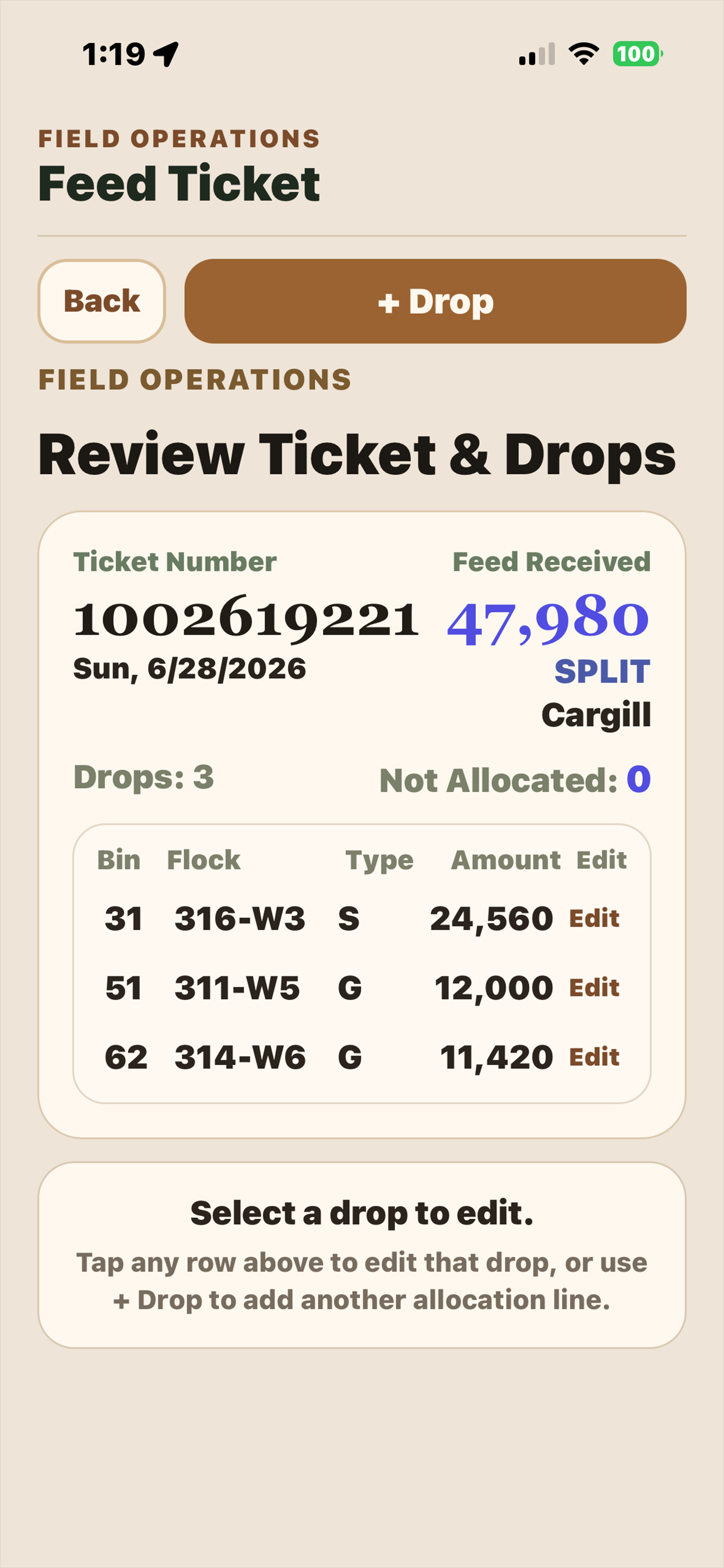 Mobile feed ticket review showing 47980 pounds allocated across three bin drops