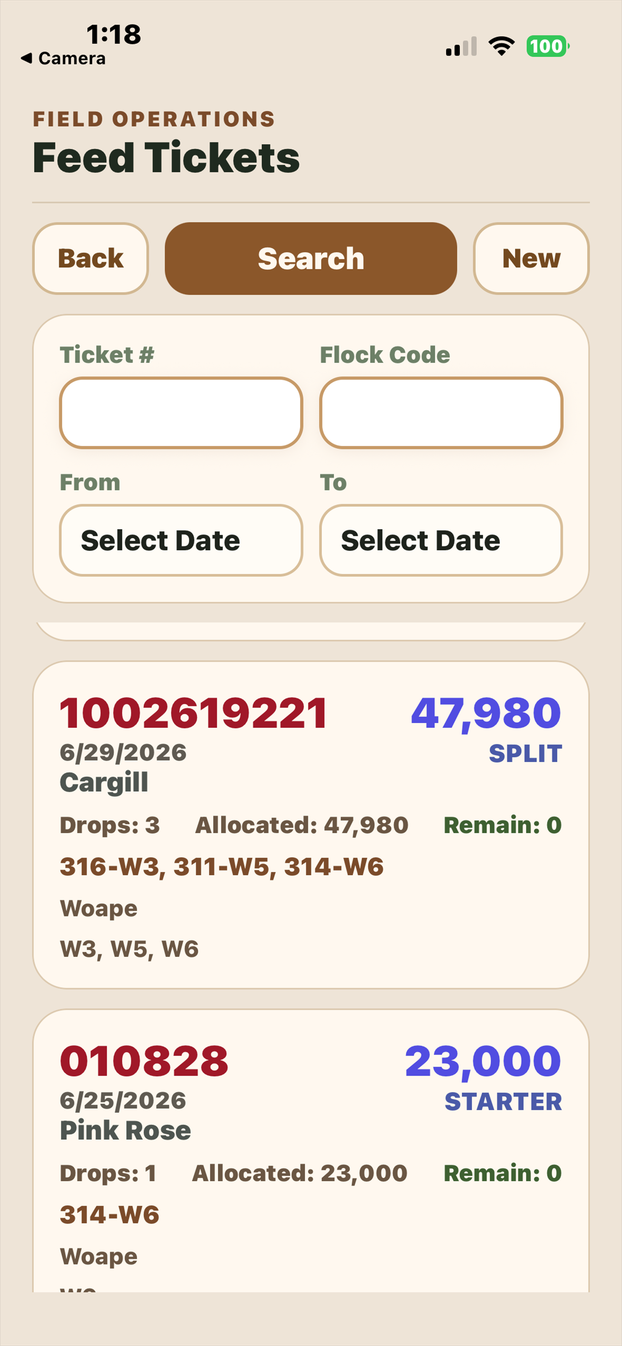 Mobile feed ticket search and delivery listing
