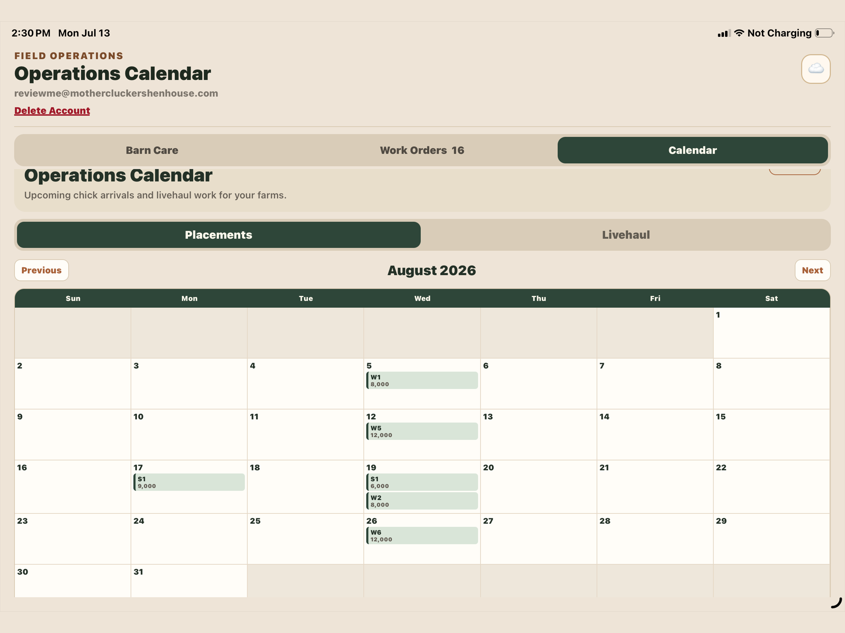 Actual iPad operations calendar with placement and livehaul views