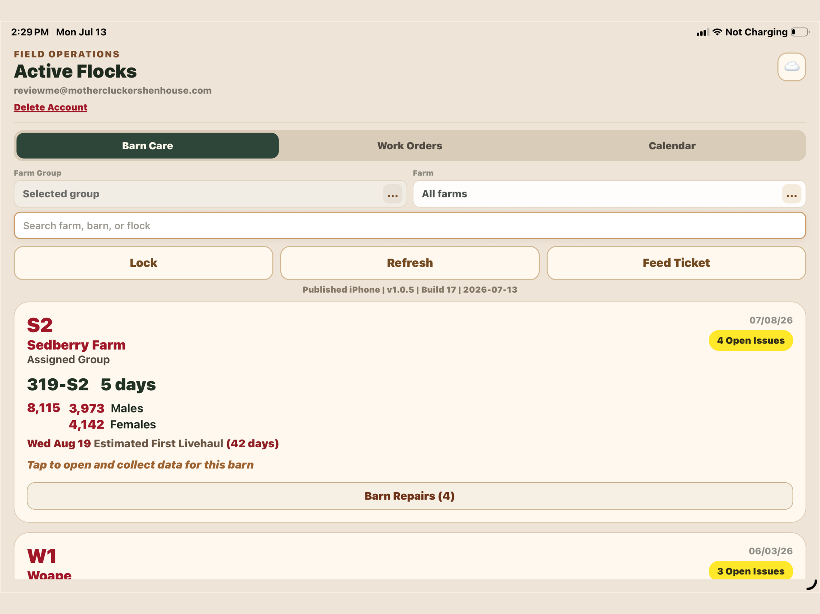 Actual iPad active flock dashboard with bird counts and open issues