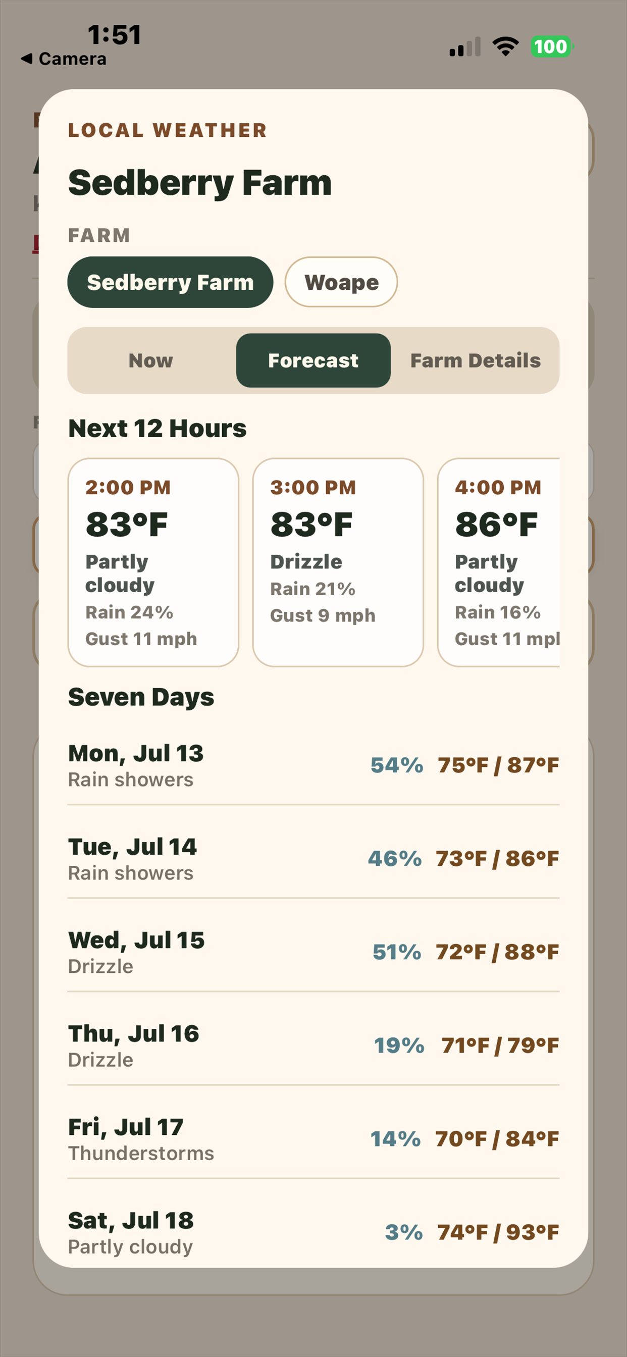 Mobile farm weather popup showing hourly and seven-day forecasts