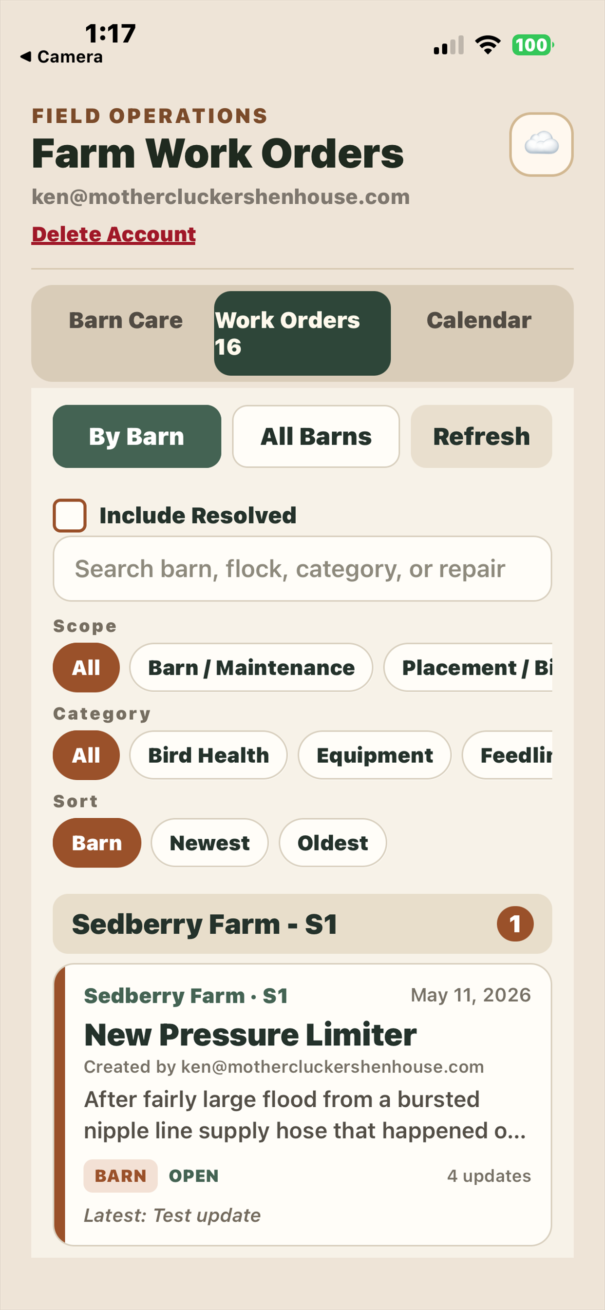 Mobile farm work orders with barn and category filters and an open repair